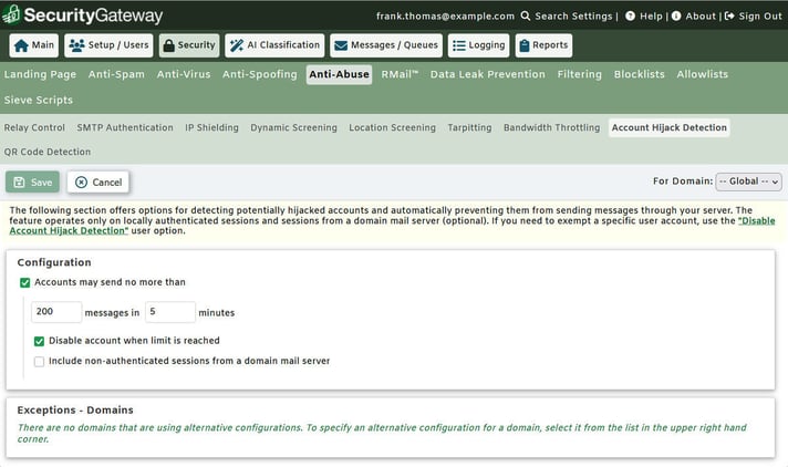 SecurityGateway for Email Account Hijack Detection settings limiting outbound messages per time window