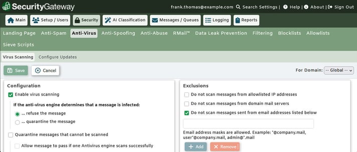 SecurityGateway for Email Virus Scanning settings with ClamAV and IKARUS Anti-Virus engines enabled