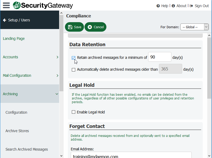 Screen shot of Security Gateway's Data Retention options with check boxes and date fields to enable that feature