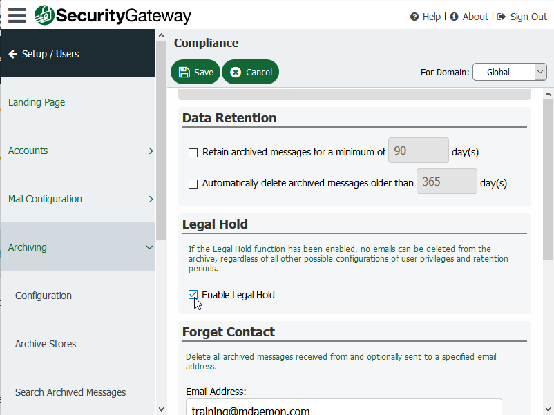 Screen shot of Security Gateway's Legal Hold feature with check box to enable that feature