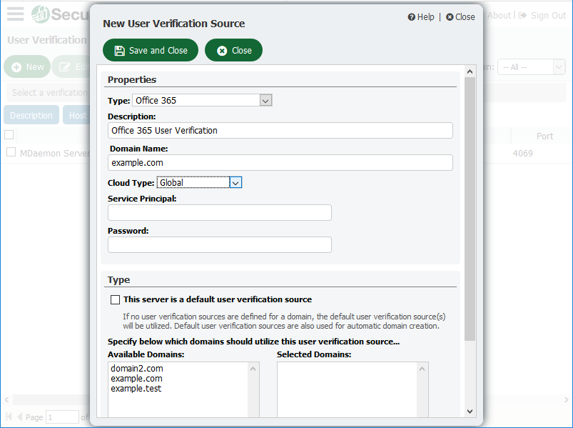 Screen shot of Security Gateway's New User Verification Source pop up