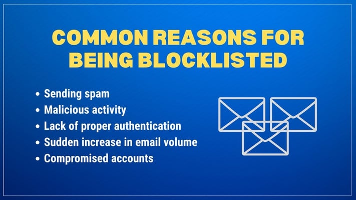 Common reasons for being blocklisted: spam, malicious activity, poor authentication, sudden volume spikes, and compromised accounts