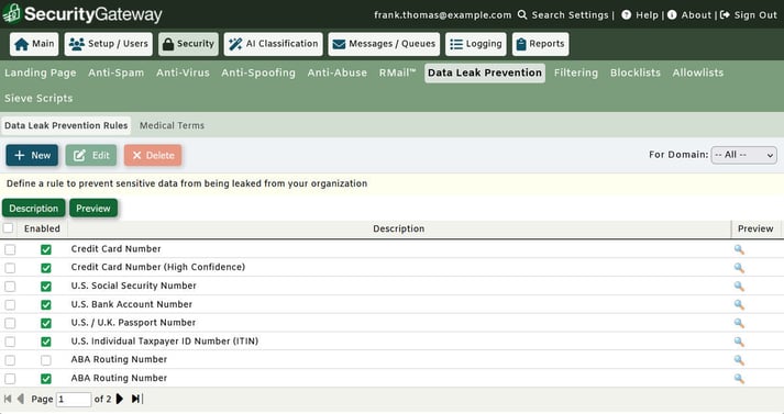 SecurityGateway for Email Data Leak Prevention rules list including credit card, SSN, and passport number detection
