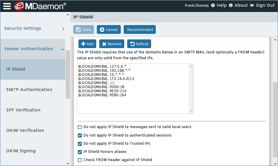 IP Shield Settings in MDaemon Remote Administration to help prevent spoofing of your domain