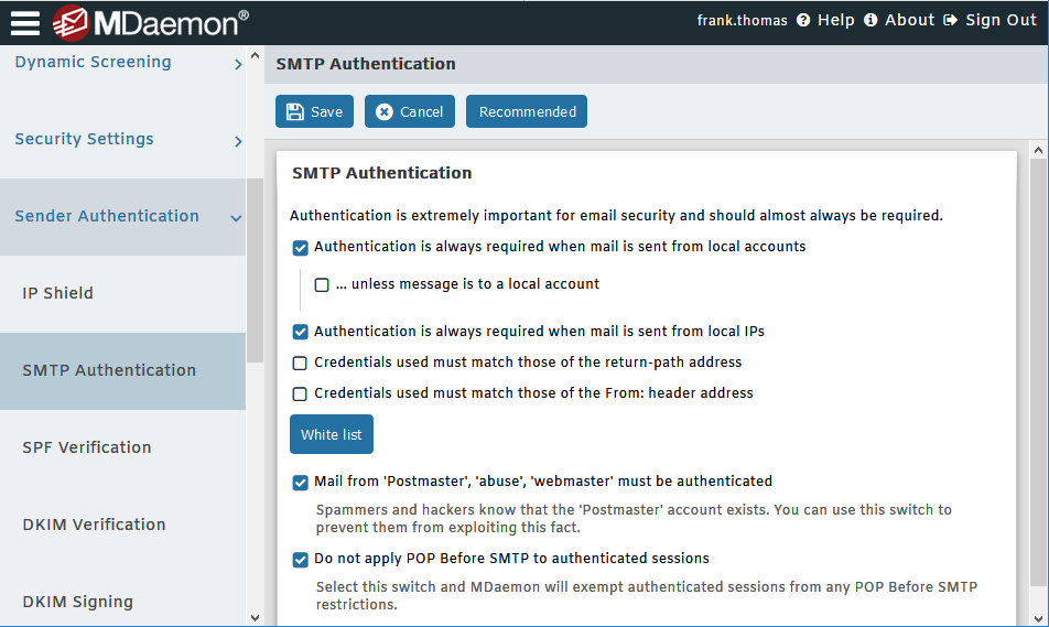 SMTP Authentication Settings in MDaemon Remote Administration