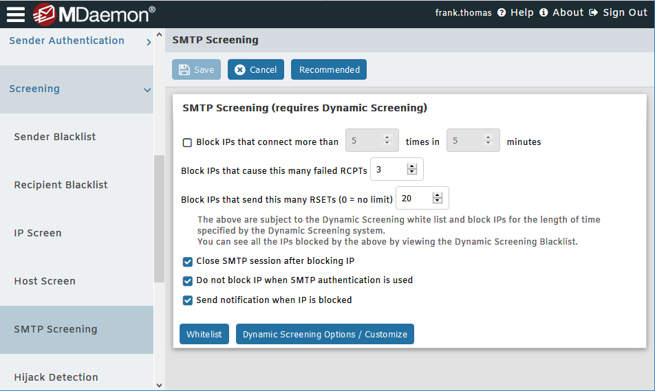 SMTP Screening in MDaemon Remote Administration