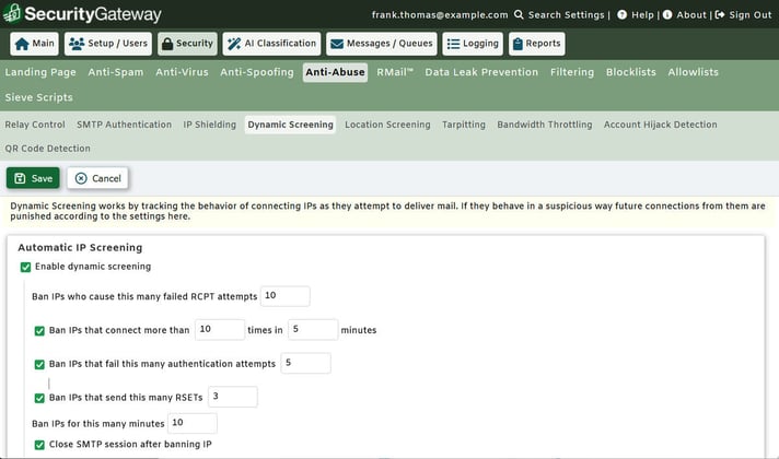 SecurityGateway for Email Dynamic Screening settings blocking IPs with suspicious connection behavior
