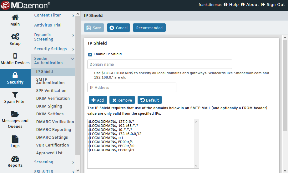 IP Shield in MDaemon Remote Administration to protect against email spoofing