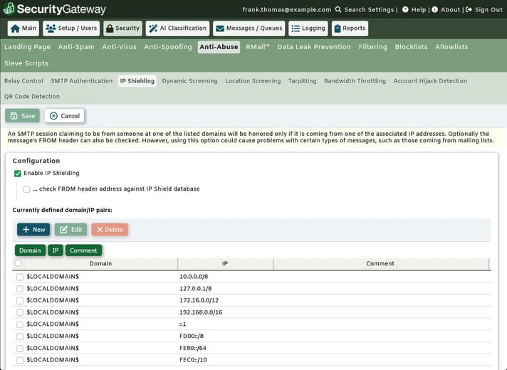 SecurityGateway for Email IP Shielding settings with domain and IP pair configuration