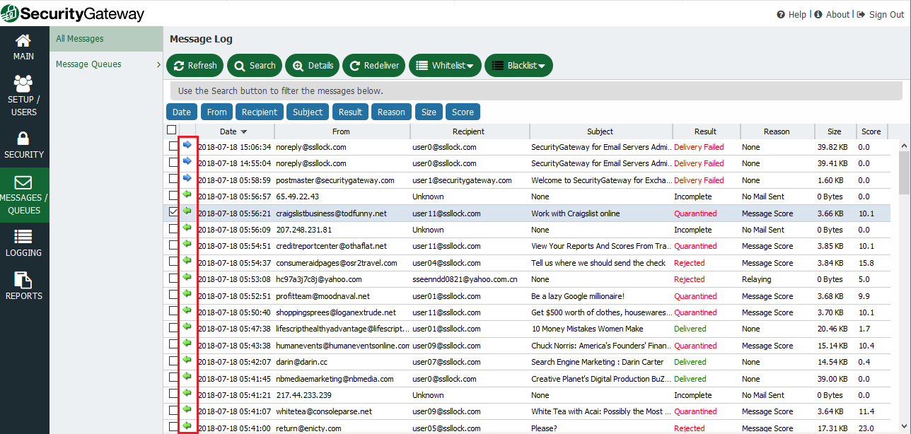 The left & right-facing arrows indicate inbound and outbound messages.