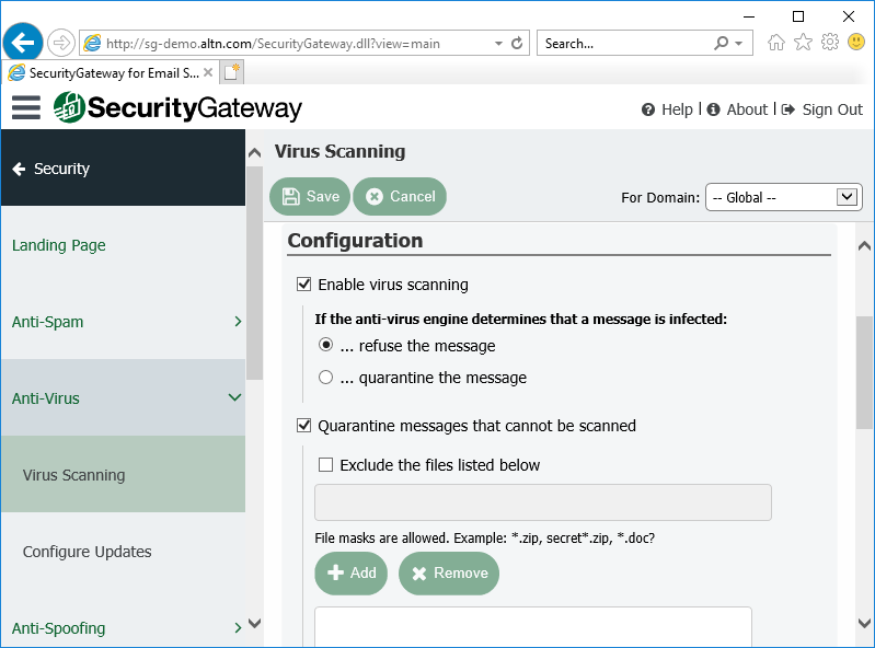 Antivirus settings in Security Gateway for Email Servers.