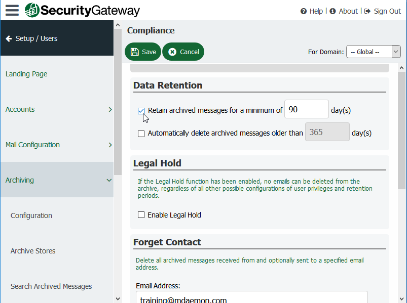 Email Retention Period - Security Gateway for Email Servers