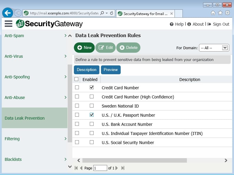 Data Leak Prevention in SecurityGateway