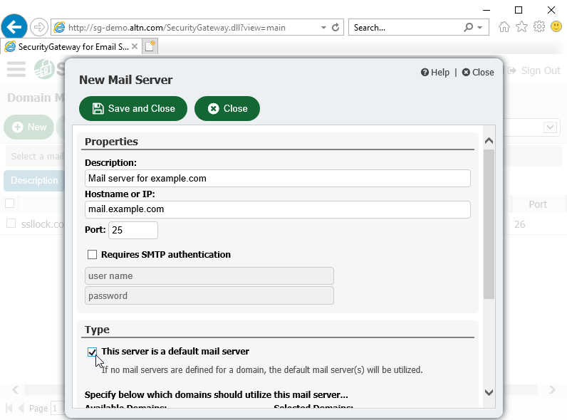 Security Gateway - Default mail server settings