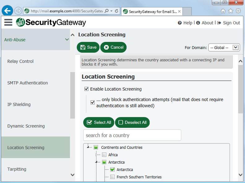 Block email from unauthorized countries with Location Screening in Security Gateway for Email