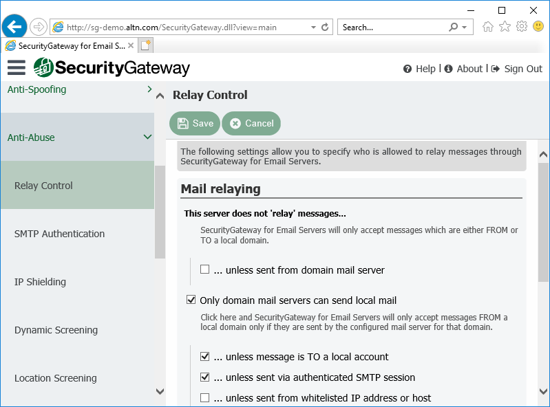 Relay Control Settings in Security Gateway for Email Servers