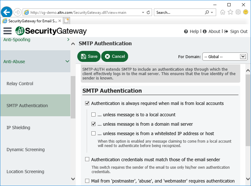 SMTP authentication settings in Security Gateway for Email Servers