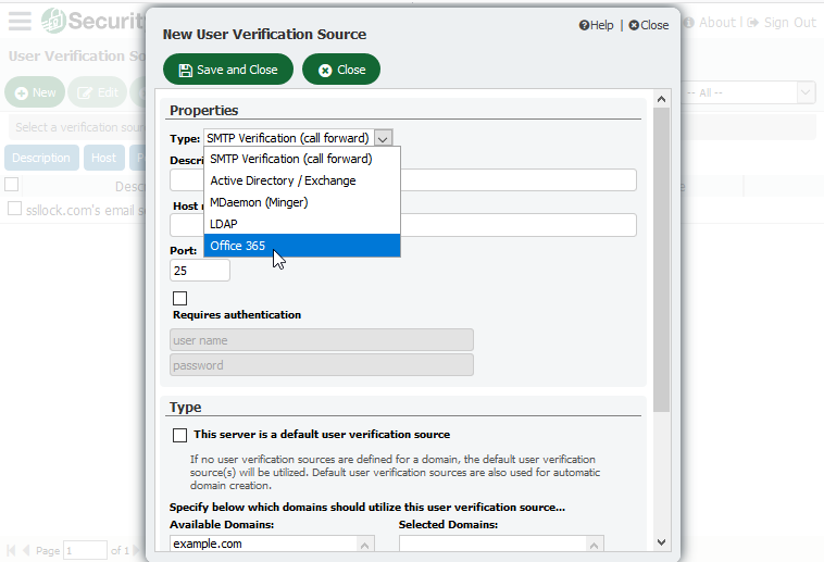 User verification options to validate users by querying Office 365, Active Directory, MDaemon, or an LDAP data source