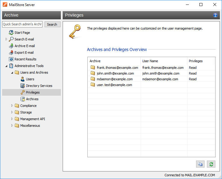 MailStore Email Archive Privileges