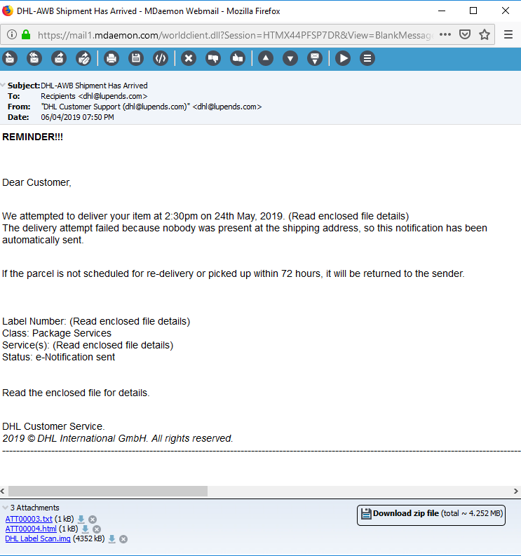 Phishing example, spam email