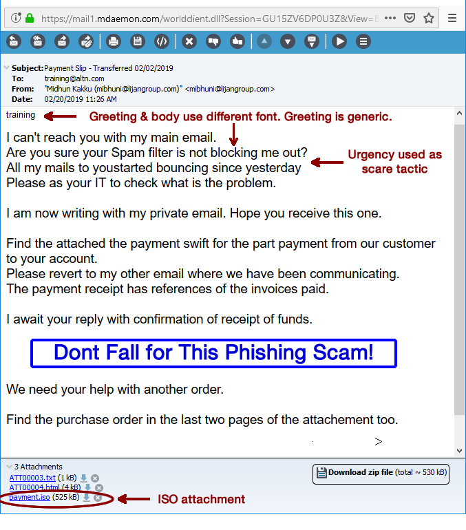 Phishing email using common Business Email Compromise tactics
