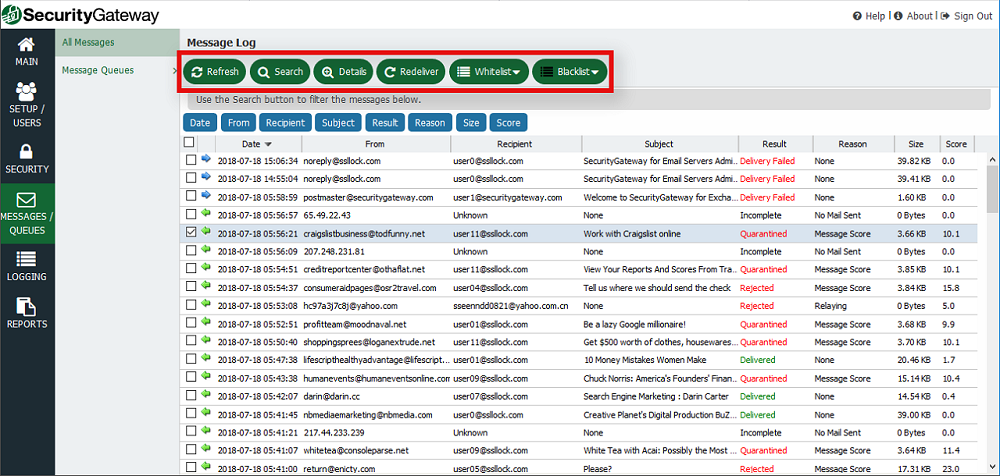 Use message list buttons to search messages, view message details, redeliver, whitelist or blacklist, or perform other actions.