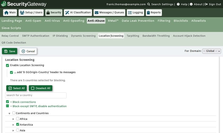 SecurityGateway for Email Location Screening settings blocking SMTP and HTTP connections by country