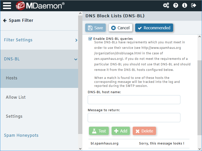 DNS Blocklist setings in MDaemon Email Server