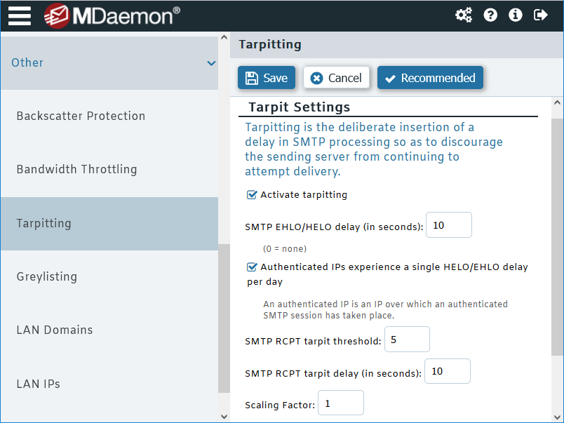 Tarpit settings to block suspicious hacking email activity in SecurityGateway for Email