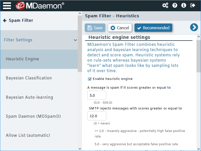 Spam Filter scoring settings for MDaemon Email Server