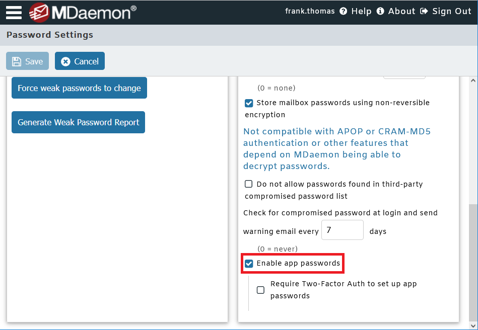 MDaemon Remote Administration - Enable App Passwords