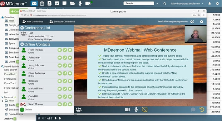MDaemon Webmail web conference interface showing online contacts list and video call controls
