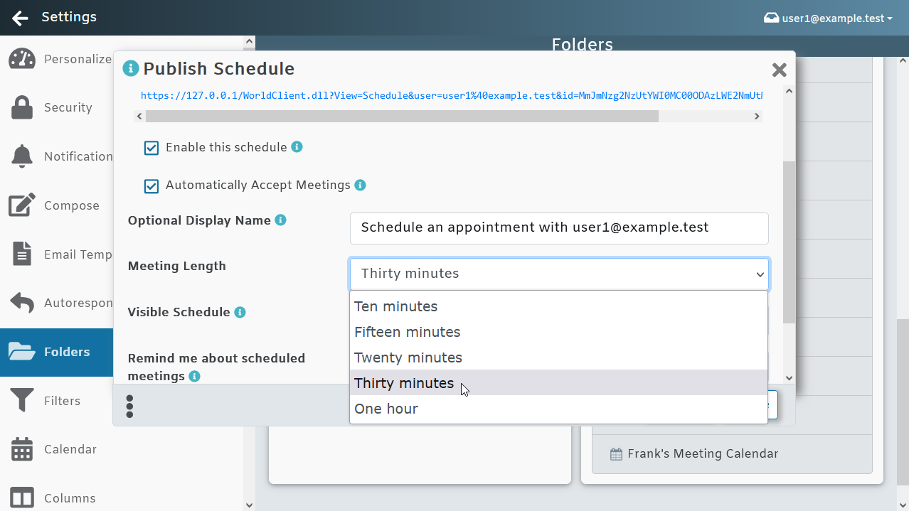MDaemon Webmail calendar default meeting length for publishing calendar and booking appointments