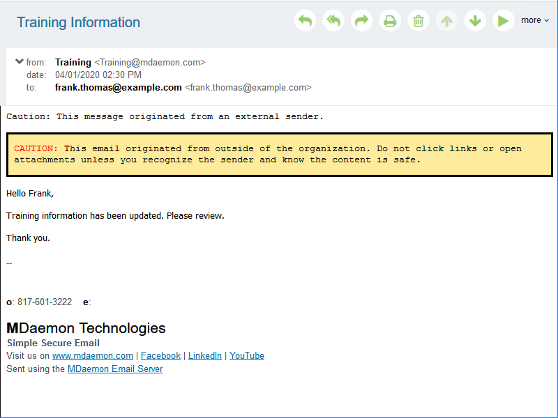 MDaemon Webmail external message warning to help users identify phishing and spoofing email