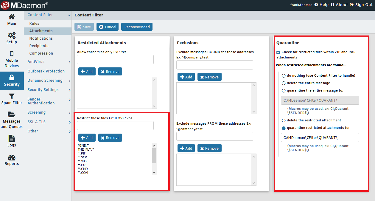 MDaemon email server restricted attachment configuration