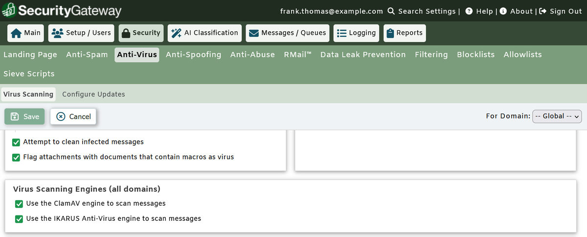 SecurityGateway for Email virus scanning option to flag Office document attachments containing macros