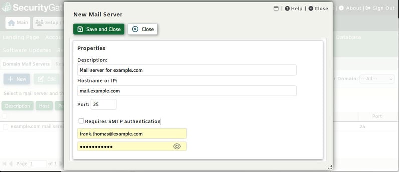 SecurityGateway for Email New Mail Server dialog showing hostname, port, and authentication fields