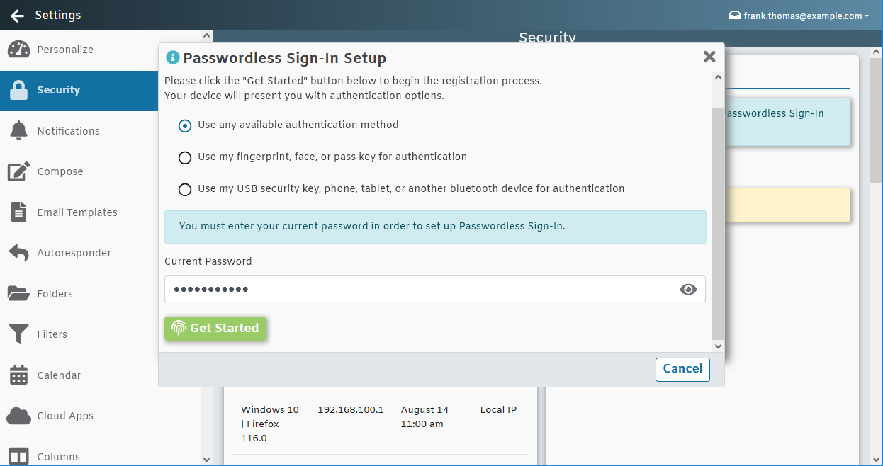 Passwordless authentication for MDaemon Webmail - Login using biometrics and other passwordless methods.