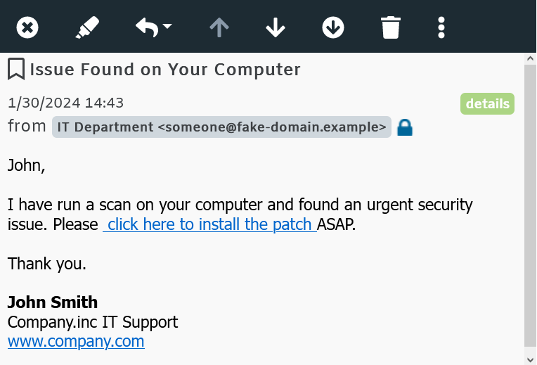 Pretexting phishing email example
