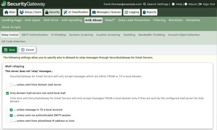 SecurityGateway for Email Relay Control settings preventing unauthorized mail relaying