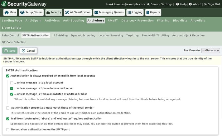 SecurityGateway for Email SMTP Authentication settings requiring authentication for local accounts