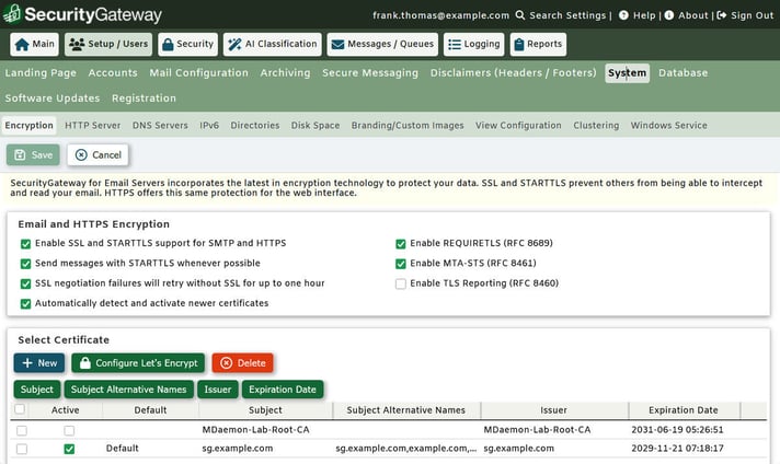 SecurityGateway for Email encryption settings enabling SSL, STARTTLS, REQUIRETLS, and MTA-STS