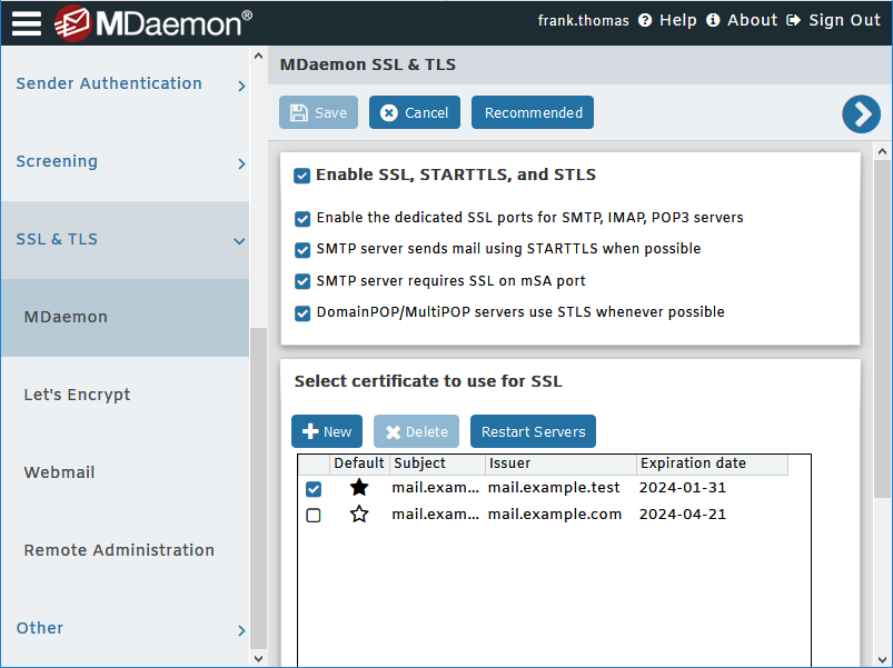 SSL and TLS settings for MDaemon Email Server