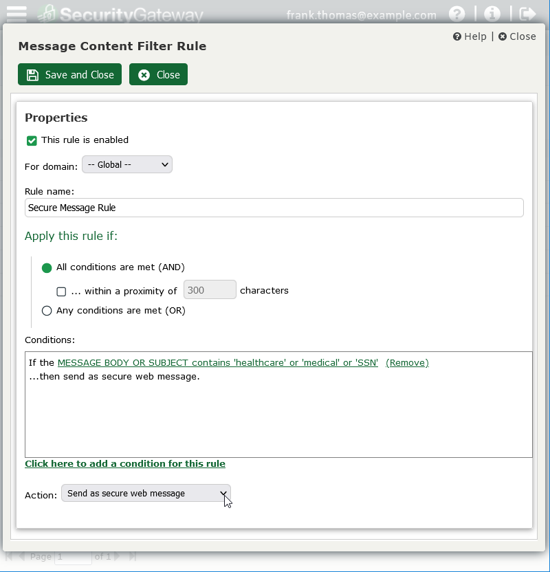 Secure Messaging via Content Filter Rule in Security Gateway for Email