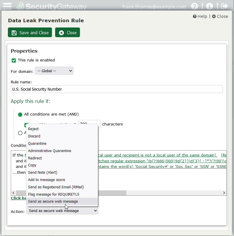 Secure Messaging via Data Leak Prevention (DLP) Rule in Security Gateway for Email