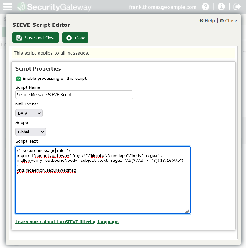 Secure Messaging via Sieve Script in Security Gateway for Email