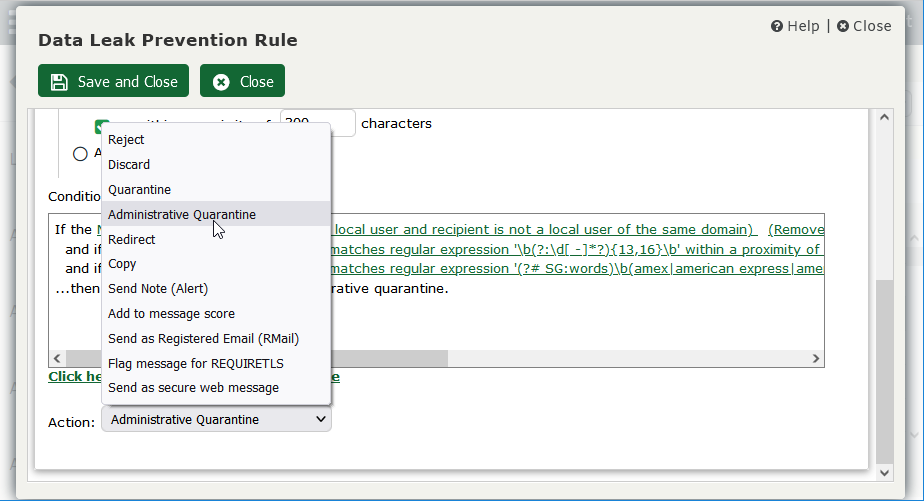 Data Leak Prevention Rule Action in Security Gateway for Email Servers