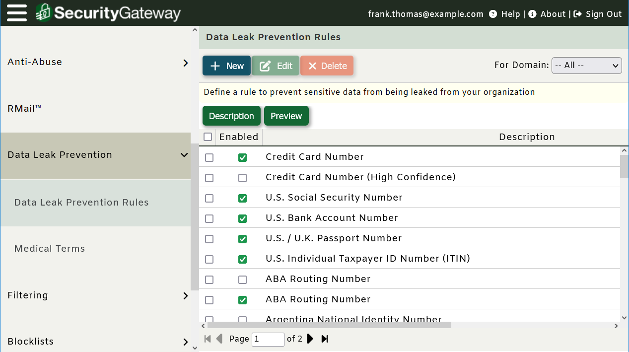Data Leak Pevention Rules in SecurityGateway for Email