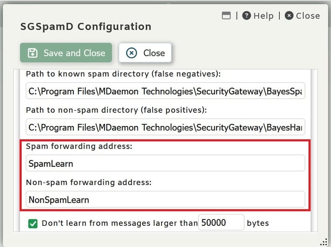 SecurityGateway for Email - Addresses used to forward samples of spam and non-spam