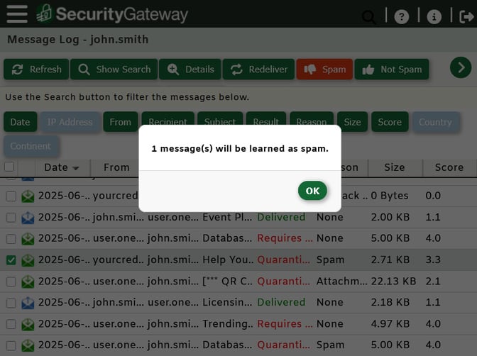 Training the SecurityGateway spam filter's Bayesian Learning feature by feeding it a sample of spam